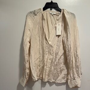 Cream Pleated Blouse with Mandarin Collar